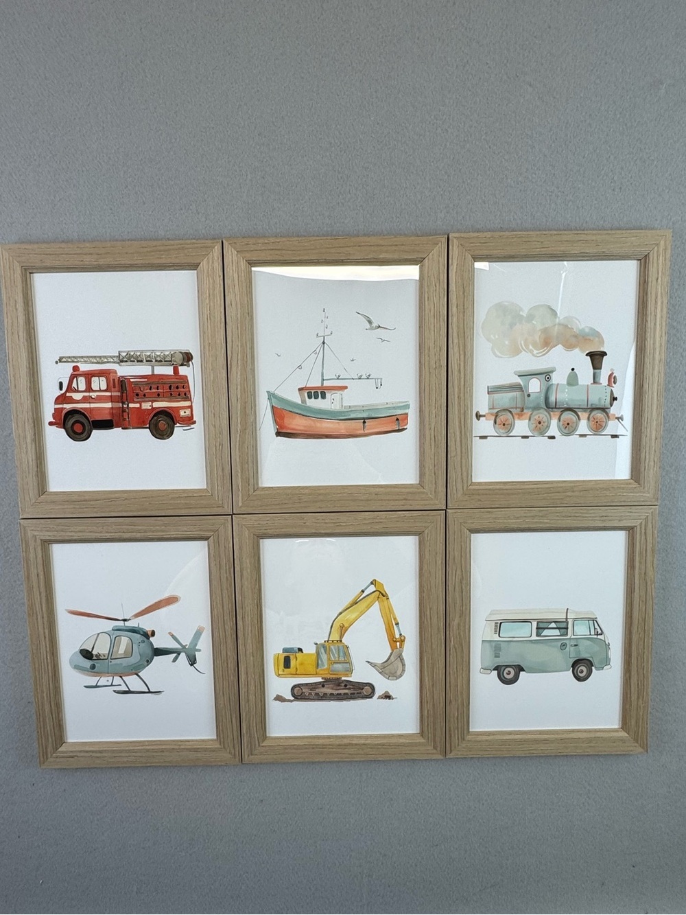 Set of 6 Framed Transportation Prints - Neutral Wood Frames